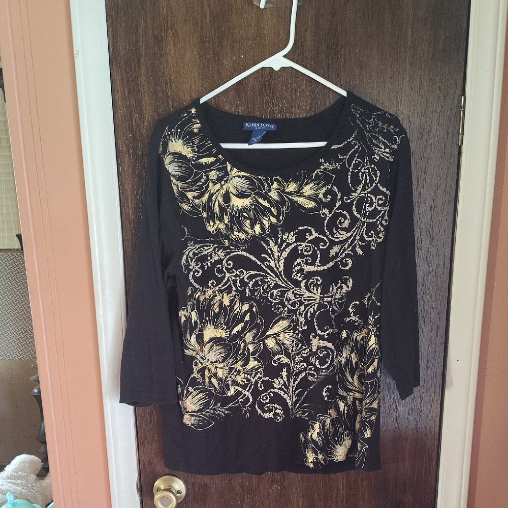 Karen Scott Women's Top with Black and Gold Floral Design